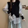 Camisa de Rayas Costura Top para Mujer Otoño e Invierno talla extra chica rellenita Chaleco Irregular de Longitud Media Suéter Falso de Dos Piezas