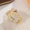 Anillo popular europeo y americano de doble capa con hoja de circón microincrustada, joyería de anillo abierto brillante estilo bosque dulce y lujoso, transfronterizo