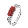 Yunchaoxuan S925 anillo de plata esterlina con forma hueca de hojas creativas, anillo abierto de estilo étnico rectangular rojo del sur