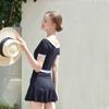 Traje de Baño Simple Nuevo de Una Pieza con Falda para Mujer, Parcheado Blanco y Negro, Falda Conservadora Cubre Carne para Vacaciones de Playa, Traje de Baño para Aguas Termales