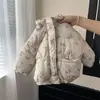 Roupa Infantil Coreana para Meninas, Jaqueta de Algodão de Inverno, Novo Estilo, Forrada com Fleece, Aconchegante, Quente, Estampa Floral, Casaco de Algodão de Gola Alta para Crianças