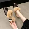 Nuevas Pantuflas de Tacón Grueso para Otoño e Invierno con Piel Zapatos de Exterior para Mujer Punta Fina Medias Pantuflas Zapatos Individuales Mules de Tacón Alto Redes Sociales Zapatos de Mujer