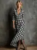 2025 Roupa Europeia e Americana Transfronteiriça Elegante Vestido Camisa de Xadrez de Manga Longa Moda Vestido Camisa de Xadrez