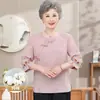 Camiseta Estilosa de Algodón Puro Estilo Chino Tradicional con Botones para Mujeres de Mediana Edad y Mayores, Conjunto de Top Bordado de Manga Tres Cuartos