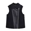 Chaleco de Mujer Negro con Cremallera y Empalmes de Moda Imitación Lana de Cordero Otoño e Invierno Nuevo Estilo Chaleco Personalizado Transfronterizo Europeo y Americano