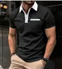 Sitio Independiente Ebay Moda Masculina Transfronteriza Europea y Americana Corte Ajustado Solapa Manga Corta Camiseta Estampada para Hombre con Bolsillo en el Pecho