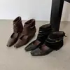 Botines retro cuadrados de 4 cm para mujer con aumento interno de altura, correas trenzadas, tacón bajo, punta fina, estilizan y son versátiles