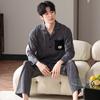 Pijama Feminino Manga Longa 6535 Algodão Primavera e Outono Novo Tendência Cardigã Masculino Casual Casal Roupa de Casa Conjunto de Duas Peças