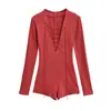 Macacão Feminino da Moda Slim-Fit de Manga Longa com Detalhes Lace-Up, Nova Moda de Outono Top Básico Cinturado