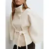 Capa Feminina Europeia e Americana Outono e Inverno Nova Moda Transfronteiriça Cor Sólida Gola Alta Botão Cinto Casaco Trench Coat Jaqueta