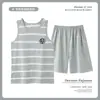 Pijama de Hombre Verano Chaleco de Modal Sin Mangas Shorts Delgado Seda de Hielo Traje de Casa para Hombre Niños Verano