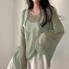 Chic Coreano Verano Francés Retro Estilo Perezoso Suelto Manga Larga Calado Tejido Fino Protección Solar Blusa Top para Mujer