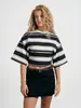 Camiseta corta a rayas Y2K transfronteriza europea y americana más vendida para mujer, corte holgado, adelgazante, cuello redondo, manga media, estilo casual y cropped