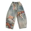 Jeans Feminino 2026 Design Divertido Retro Americano Estampa de Urso, Calça Wide Leg Vintage Solta Comprida Tendência