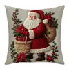 Funda de almohada de lino navideña, Funda de almohada temática navideña, Estampado de renos y muñeco de nieve navideño, Funda de cojín para ambiente de sala de estar