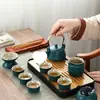 Juego de Té Kung Fu de Viaje Estilo Japonés Juego Pequeño para Uso en Casa Tetera Pequeña Taza de Té de Cerámica Bandeja de Té para Exteriores Bolsa Portátil