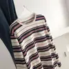 Camiseta Listrada de Manga Longa de Algodão Bambu Macia e Confortável para Mulheres, Estilo Solto Fino de Primavera, Blusa Respirável com Gola Redonda para Estudantes