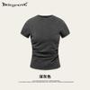 Verano 2025 Retro Americano Ins Slim Ajustado Top Corto Sexy Sexy Cintura Plisada Cuello Redondo Camiseta para Mujer
