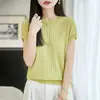Nuevo Top de Punto de Manga Corta Redondo de Tencel Lyocell para Mujer Color Sólido Hueco Holgado Camiseta