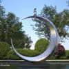 Escultura de lua em aço inoxidável, fonte de água iluminada em metal, praça externa, área cênica, escultura de paisagismo de parque, personalizável