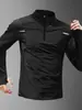 Camiseta Masculina Manga Longa com Forro de Fleece Quente Secagem Rápida com Meio Zíper Roupas de Treinamento para Corrida Tops Esportivos Outono e Inverno Fitness