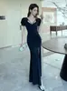 Design Francês Nicho Retrô Vestido Longo Verão Novo Slim Fit High-End Estilo Puro Desejo Vestido de Gola V
