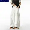 Atacado transfronteiriço de jeans branco retrô estilo americano, design unissex com múltiplos bolsos, calça longa de perna larga, tendência em material de algodão