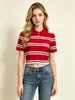 Fábrica de Origem Transfronteiriça Primavera Verão Cor Listrada Bloco de Cores Gola Polo Camisa de Tricô Estilo Coreano Novo Meio Aberto Camiseta Curta Feminina