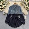 Ropa de Verano para Mujer de Manga Larga Estilo Ligero Maduro Transfronteriza Camisa con Costuras de Mezclilla de Alto Gama en Color Contrastante que Ceñe la Cintura y Falda Corta
