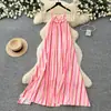 Vestido Listrado Estilo Coreano com Alças Finas e Flores Pequenas de Strass, Cintura Alta, Corte A, Versátil, Longo, para Mulheres, Roupa para o Verão no Trabalho