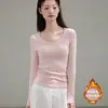 Camiseta Básica de Manga Larga con Cuello Redondo, Polar Fino Cepillado Versátil Eco-Silk de 260g para Mujer, Otoño e Invierno, Top de Hombro Normal