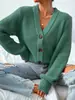 Suéter de punto de manga larga para comercio exterior transfronterizo, color liso, cuello de botonadura única, cárdigan de punto para otoño e invierno, chaqueta de moda versátil de corte holgado para mujer