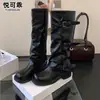 Botas Martin de cuero genuino hasta la pantorrilla para mujer, nuevo estilo otoño e invierno 2026, estilo británico, con aumento interno de altura, tacón grueso, caña plisada, botas de montar
