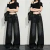 Calça Jeans Wide Leg com Cintura Alta e Cordão, Gradiente Preto e Cinza com Strass Brilhante, Efeito de Lavagem Vintage, Versátil, Emagrecimento, Comprimento Total