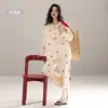 Algodão Puro Novo Pijama de Manga Longa e Calça Longa para Primavera/Outono para Mulheres, Estilo Cardigan, Caimento Solto, Tamanho Grande, Roupa de Casa, Pode Ser Usado ao Ar Livre