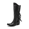 40 Botas Bico Fivela de Cinto Botas de Cavaleiro Cano Alto Comércio Exterior Botas com Franja Cabeça Britânica Nova Rebite 43 Tamanho Grande Botas Vermelhas Femininas