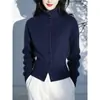 Suéter de punto azul de cuello alto, de un solo pecho, estilo casual único, suave y cómodo, de manga larga, nueva colección de primavera