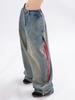 Jiayiku Marca de Moda Calle Alta Americana Vintage Lavado Jeans para Hombre y Mujer Personalizados Vibe Costura Rayada Pantalones de Pierna Recta