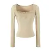 Camisa básica chic de manga larga con ribete de encaje estilo coreano para mujer, nueva llegada de principios de otoño, corte ajustado, favorecedor, cuello cuadrado, top elegante y hermoso