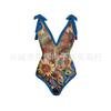 Nuevo traje de baño europeo y americano estampado transfronterizo ajustado delgado retro con tiras estampadas traje de baño de una pieza Amazon al por mayor