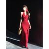 Estilo Chica Caliente Francesa Vestido Rojo Halter de Verano Chic para Mujer Vestido Largo con Abertura y Flor Tridimensional