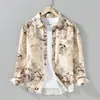 Camisa de Lino Lyocell con Estampado Fresco de Primavera de Manga Larga Moda Masculina Artística Casual Holgada
