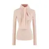 Top de Base Cepillada Ajustado de Moda Otoñal Nuevo con Bufanda Desmontable, Cuello Redondo, Manga Larga para Mujer