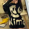 Nuevo suéter de punto para mujer estilo coreano otoño e invierno, cuello redondo, cara sonriente bordada con letras, color de contraste, estilo holgazán, manga larga