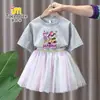 Conjunto de Vestido de Manga Curta para Meninas Caçadoras de Demônios Kpop Estilo Verão Moda Vestido de Tule Princesa Saia Duas Peças para Meninas Jovens