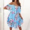 Vestido Sexy de Hombro Descubierto con Estampado de Gasa, Nuevo para Primavera y Verano 2022, de Cruce de Fronteras para Mujer, Estilo Europeo y Americano, con Volante Grande
