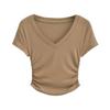 Camiseta feminina de manga curta com decote em V, nova, justa, justa, para meninas, cintura alta, curta, umbigo, plissada, irregular, verão