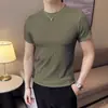 Camiseta de Verano con Cuello Redondo Ajustada de Marca Moderna de Seda de Hielo Delgada Estilo Coreano Camiseta Rayada de Moda de Manga Corta de Alta Elasticidad para Hombre