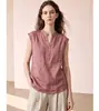 Sitio web independiente Amazon transfronterizo nuevo de verano sin mangas a cuadros tipo lino para mujer, top casual holgado, chaleco
