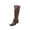2026 Botas de Salto Alto com Tira de Dedo para Mulheres, Sandálias de Salto Bloco de Verão com Fivela, Botas de Cano Alto com Bico Quadrado para Comércio Exterior